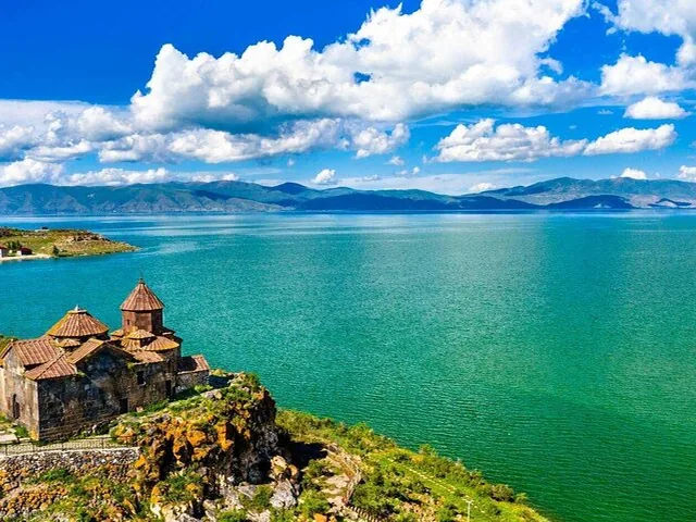 Sevanavank Monastery located on a rocky peninsula overlooking the vast Lake Sevan.